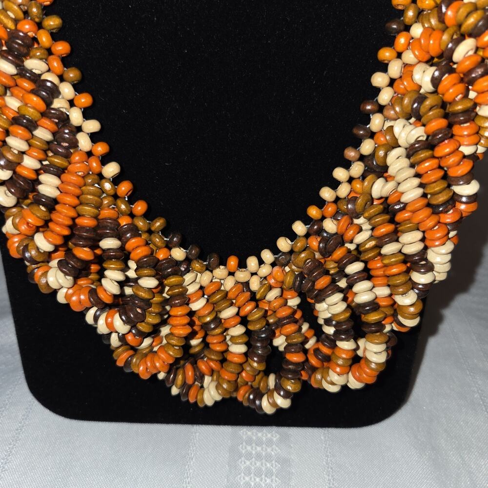Multi Strand Seed Beads Necklace Fashion Fall Color Orange Brown Cream Costume - Picture 2 of 9